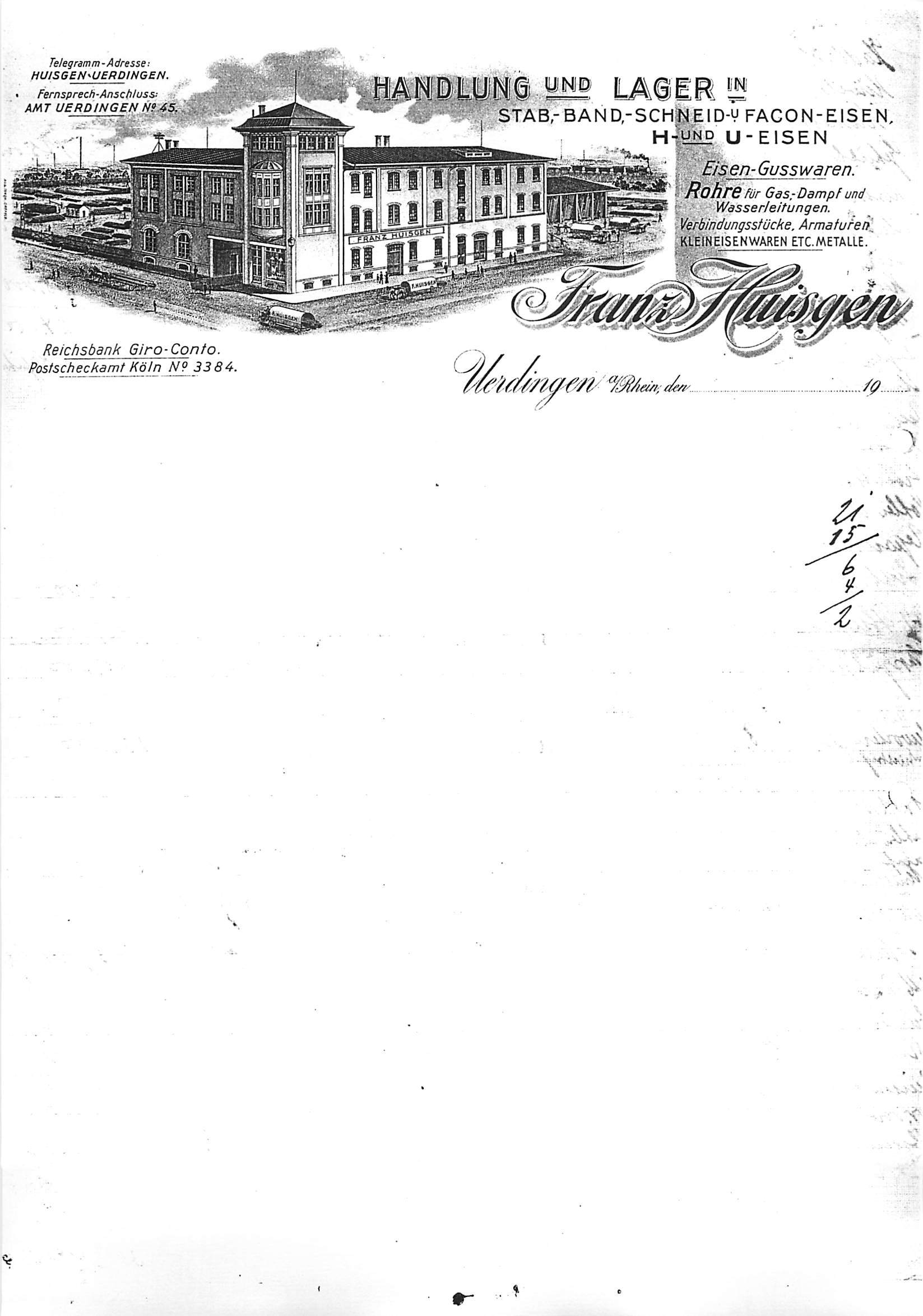 Historischer Firmenbogen von Franz Huisgen aus dem Jahr 1911