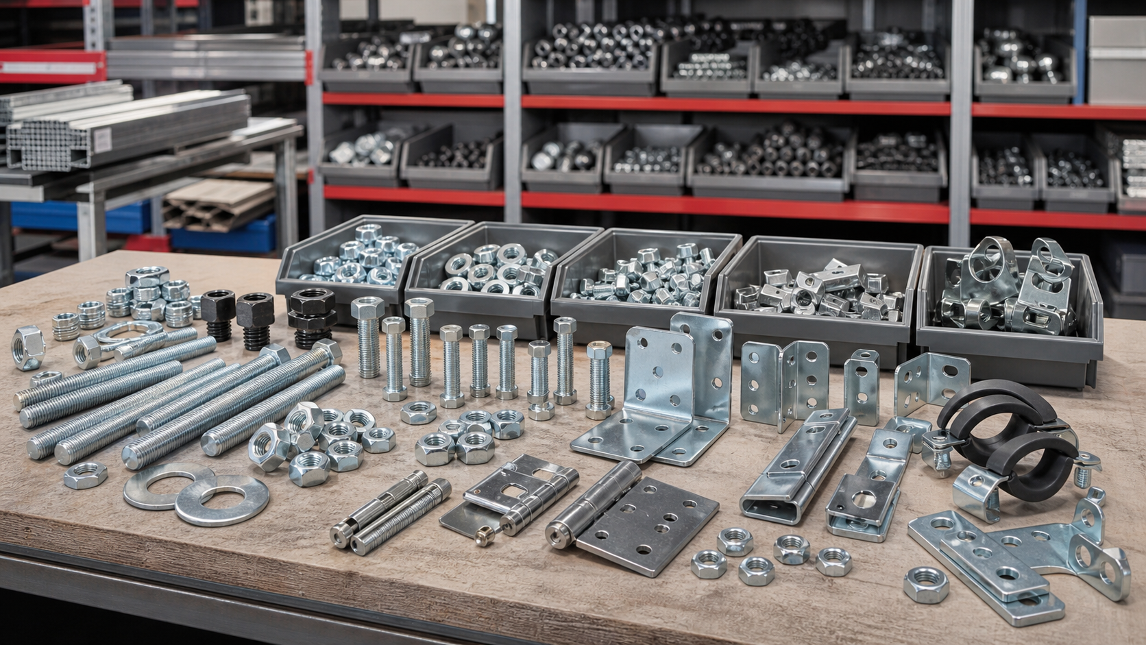 Schrauben, Muttern, Gewindestangen, Winkel, Beschläge und Metallbauzubehör